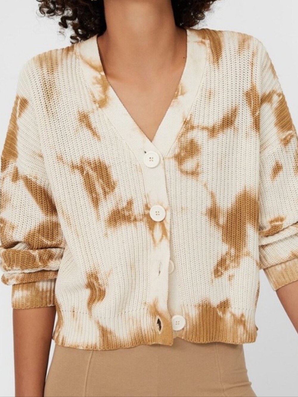 Stradivarius Cream Tan Oversized Tie-Dye V-Neck Casual Cardigan Women Sweater S